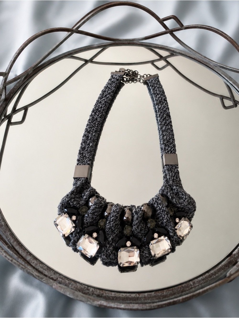 Statement Gray Crystal Knit Bib Necklace